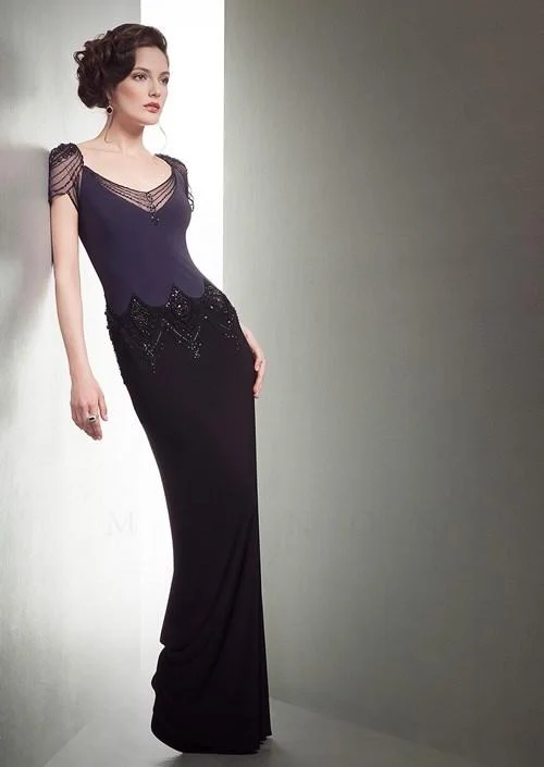 Charming Women's Clothes For Special Events MIGNON - VM1411SC Wide V Neck Adorned Fitted Long Gown