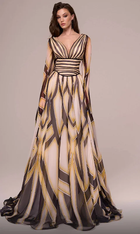 Trendy Outfits For Ladies MNM Couture F02862 - Plunging Neckline Printed Evening Gown