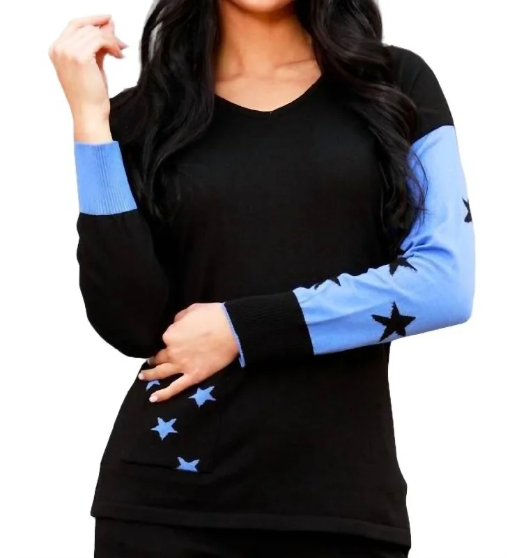 Women's Casual Wear Outfit V-Neck Sweater With Stars In Black/periwinkle