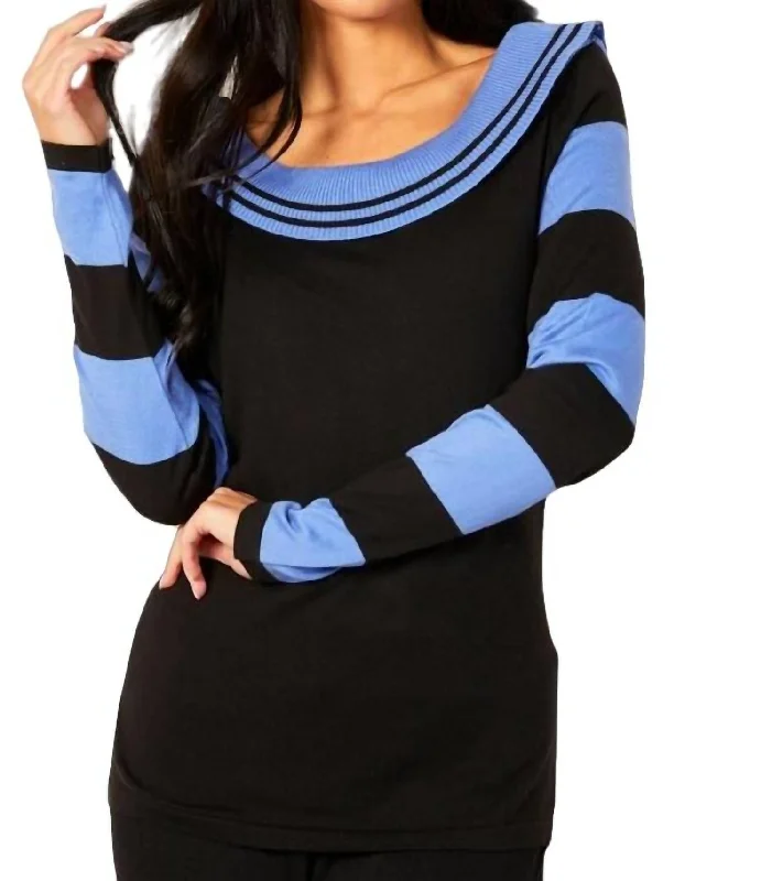 Women's Activewear Outfit Stripe Cowl Neck Sweater In Black/periwinkle