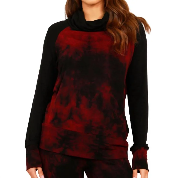 Seasonal Women's Fashion Trends Marble Wash Color Block Turtleneck Top In Sangria