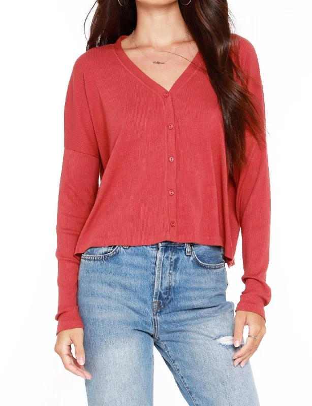 Contemporary Women's Clothing Ribbed Button Up Top In Canyon