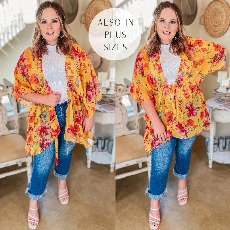 Comfortable Casual Women's Clothing Tied Together with a Smile Waist Tie Closure Floral Drape Kimono in Yellow