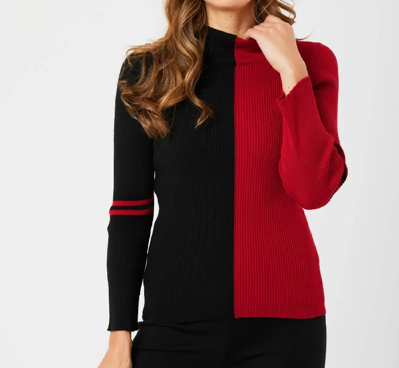 Women's Active Outfit For Fitness Two Tone Mock Neck Sweater In Black/red