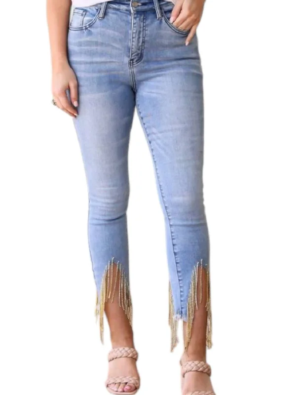 Women's Casual Wear Clothing Rhinestone Fringe Skinny Jeans In Blue