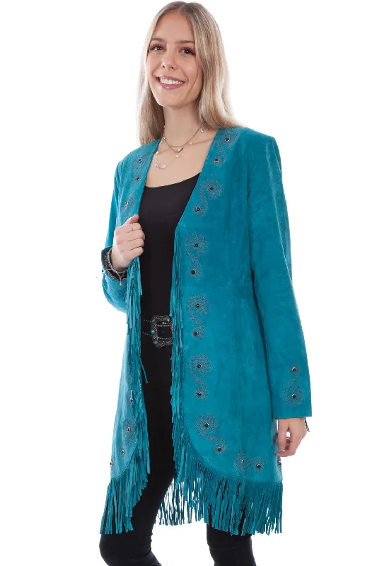 Modern Women's Clothes Scully Womens Dark Turquoise Leather Fringe Coat Jacket