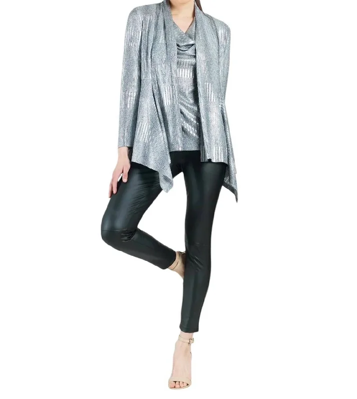 Casual Fashion Trends for Women Shimmer Lamé Drape Cardigan & Cowl Tank Twinset In Silver