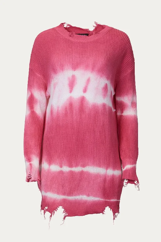 Timeless Women's Fashion Styles Distressed Tie-Dye Cotton Sweater In Hot Pink