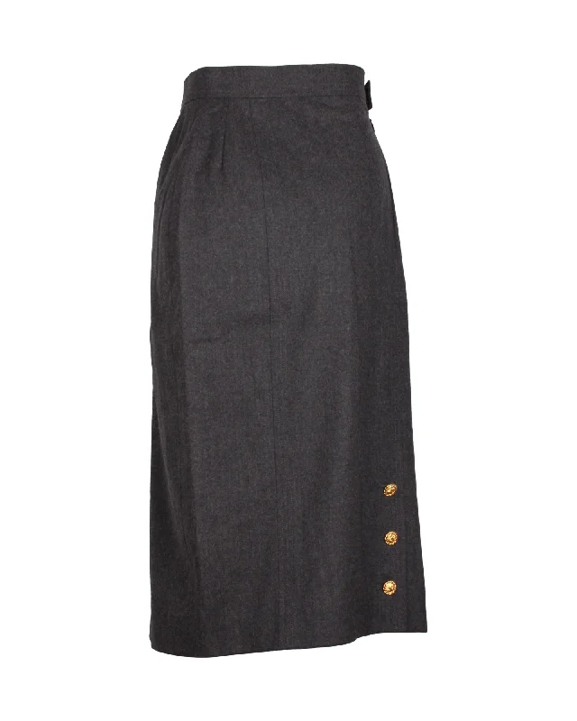 Women's Festive Attire Chanel Gold Button Midi Skirt in Grey Wool