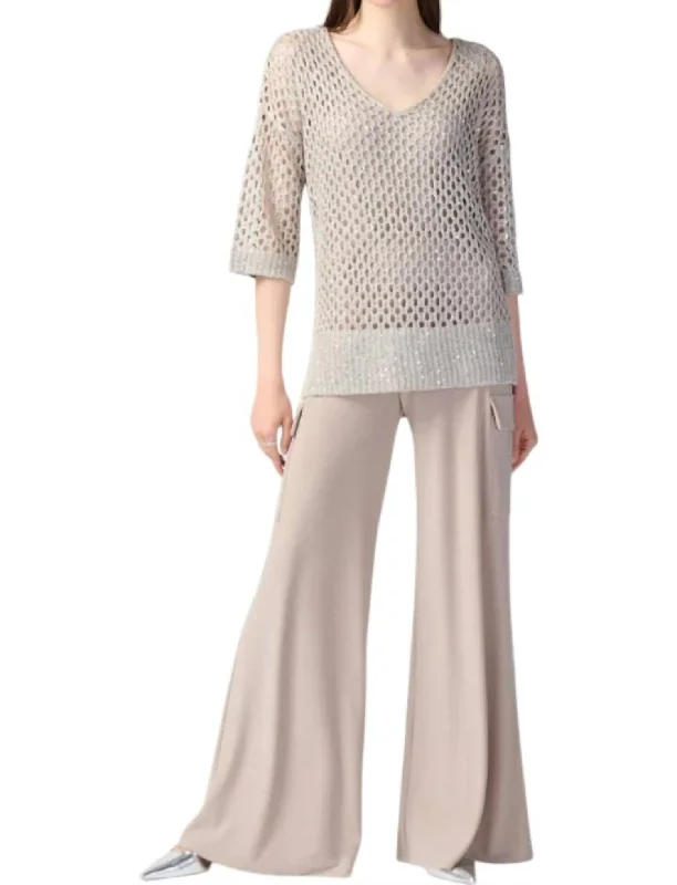 Women's Travel Attire Open Stitch Sweater With Sequins In Champagne