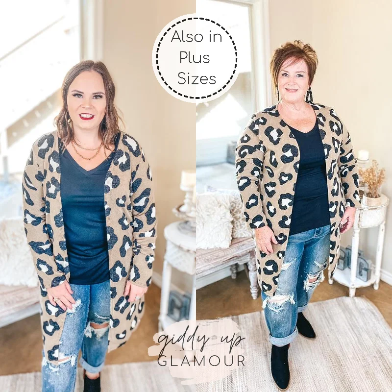 Modern Women's Outfit Keeping The Pace Large Leopard Print Cardigan in Taupe