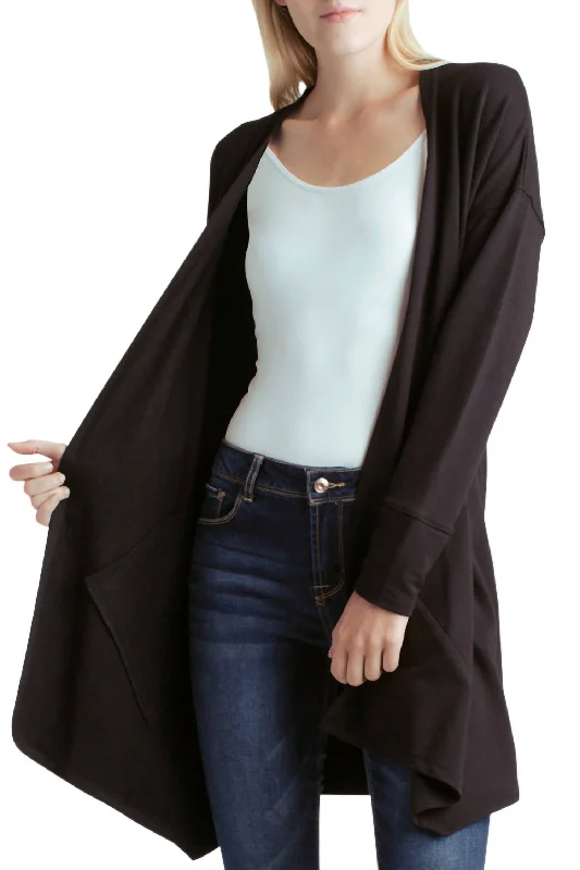 Best Boutiques Online Long Sleeve Draped Fleece Knit Jacket With Pockets In Black