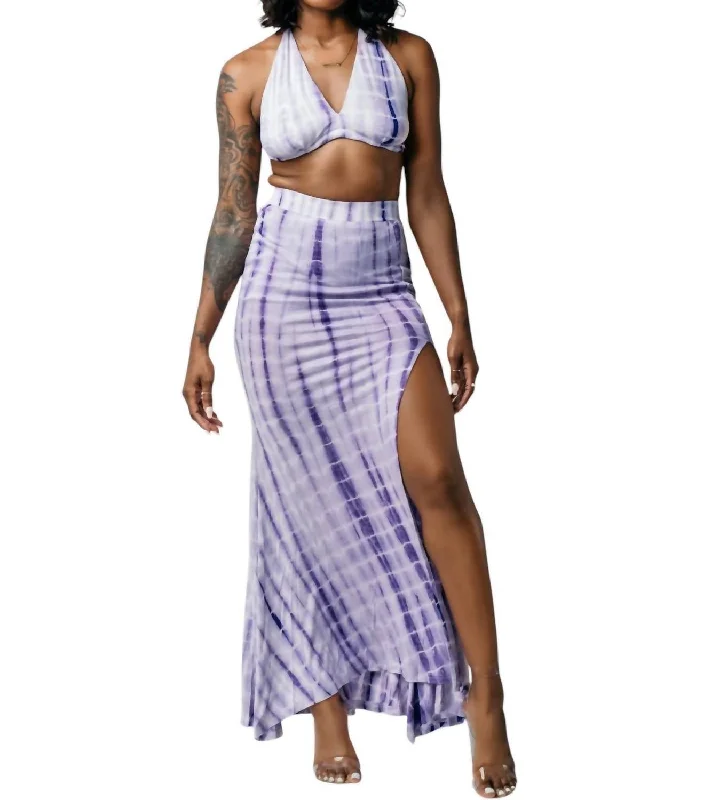 Women's Formal Event Clothing Tie Dye Maxi Skirt Set With Split In Lavender