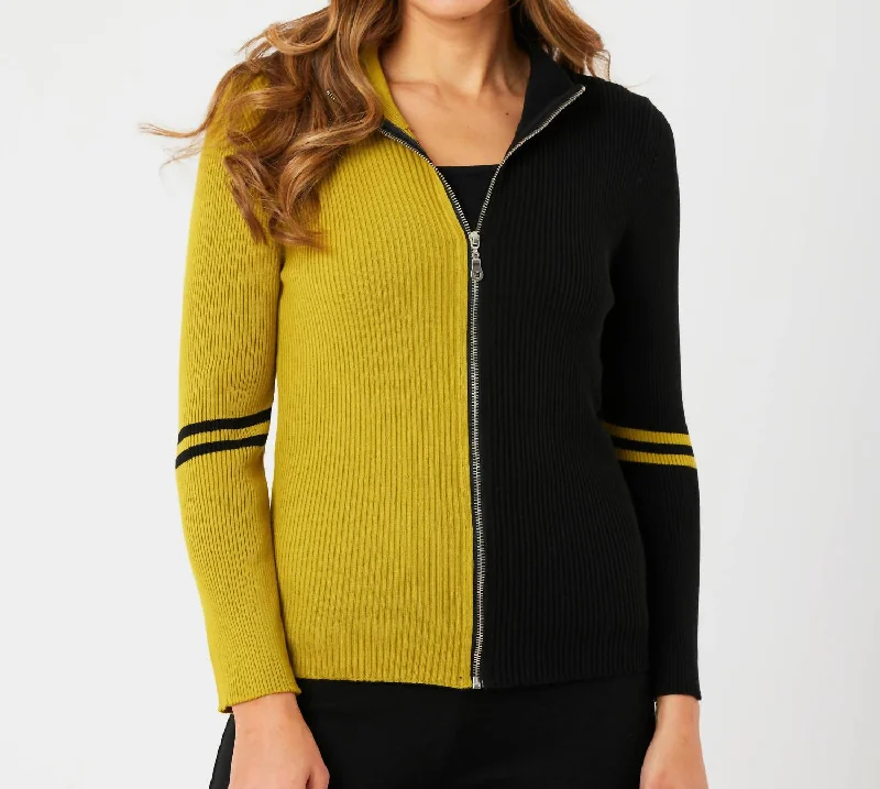 Women's Resort Attire Two Tone Ribbed Zip Up Cardigan In Black/mustard