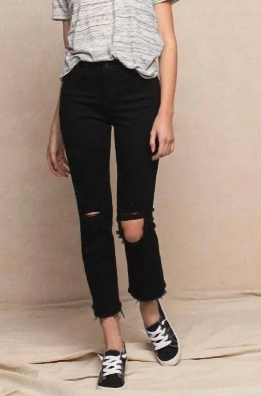 Woman Clothing Straight Leg High Rise Distressed Raw Hem Jeans In Black