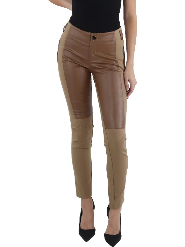 Sustainable Women's Clothes Womens Front Faux Leather Mixed Media Leggings