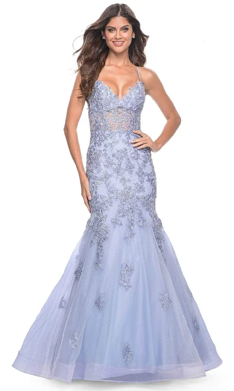 Online Boutiques Affordable La Femme 32004 - Lace Appliqued Mermaid Prom Gown