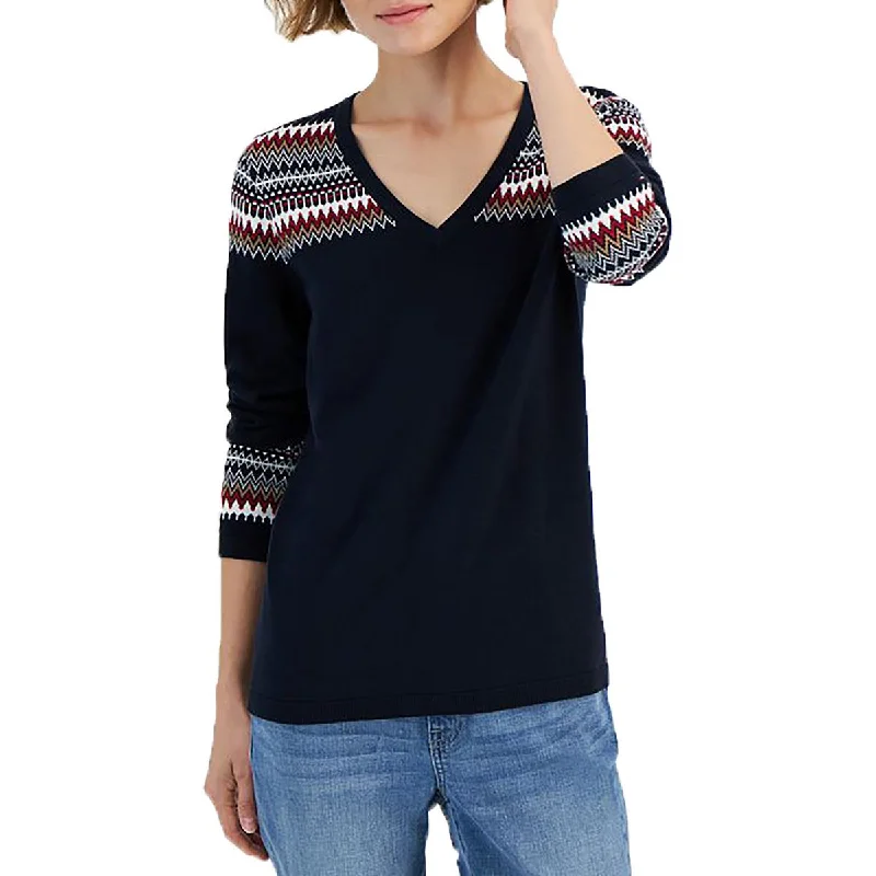 Comfortable Lounge Clothing Womens Printed Knit V-Neck Sweater