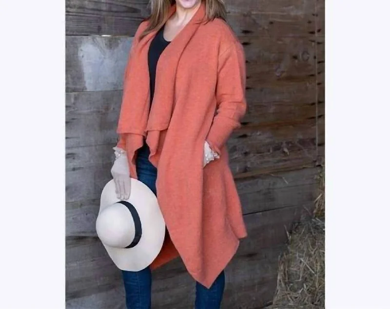 Comfortable Women's Outfits Long Open Front Cardigan In Coral Orange Rust