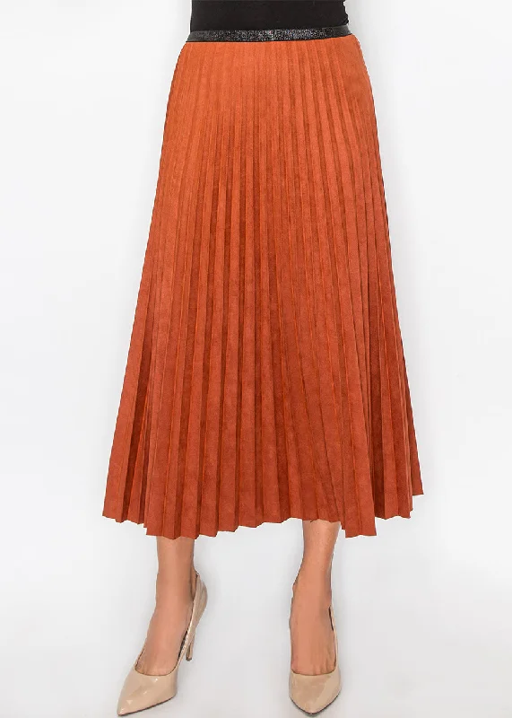 Women's Night-Out Outfit Rust Suede Midi Skirt with Pleats