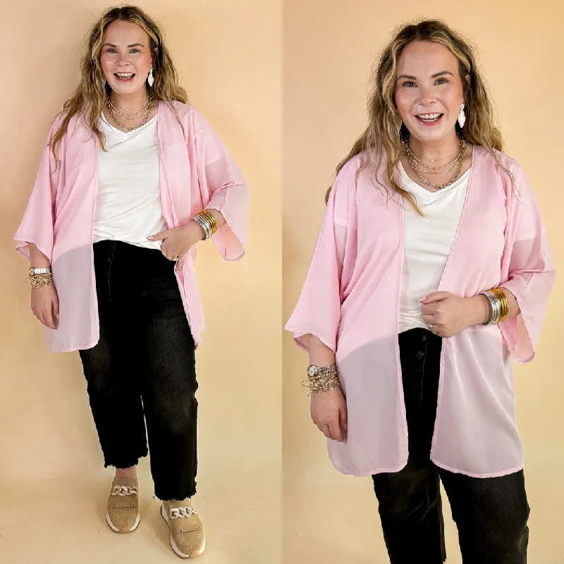 Women's Clothing for Every Season and Trend Like a Melody Solid Sheer Kimono in Baby Pink