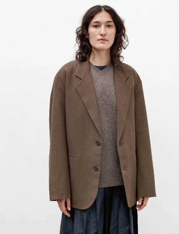 Women Clothes Oversized Blazer with Pleats Crepe Wool Brown