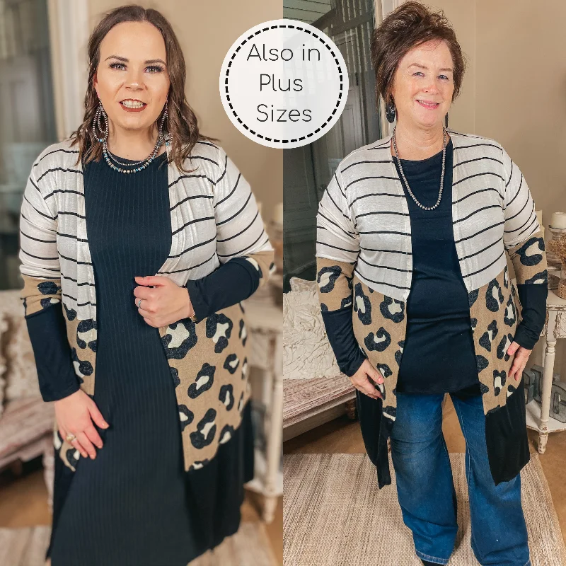 Comfortable Women's Outfits Dewy Morning Striped and Leopard Print Block Cardigan in Black, Ivory, and Taupe