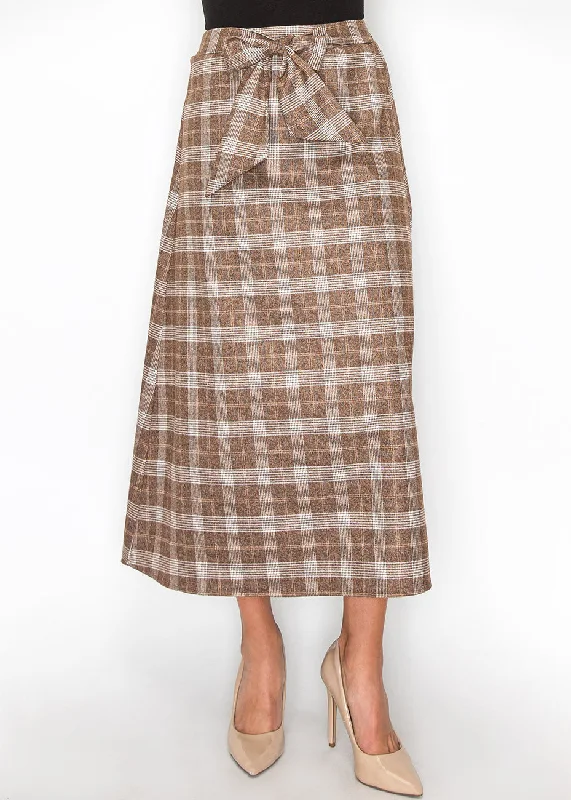 Women's Comfy Loungewear Outfit Classic Brown Plaid Skirt with Tie Waist