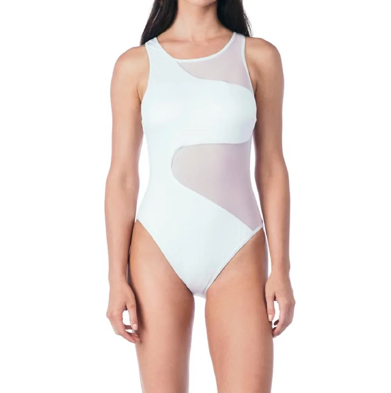 Women's Clothing For Special Occasions All Meshed Up Mesh High Neck One Piece Swimsuit In Solid White