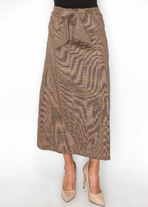 Women's Vacation Outfit Plaid Tie-Front Midi Skirt