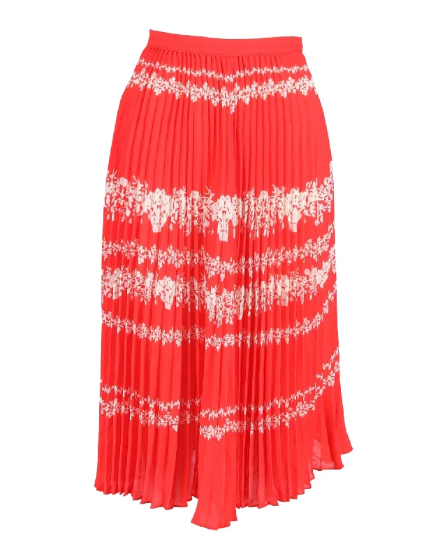 Women's Vacation Attire Self-Portrait Pleated Floral Midi Skirt in Red Polyester