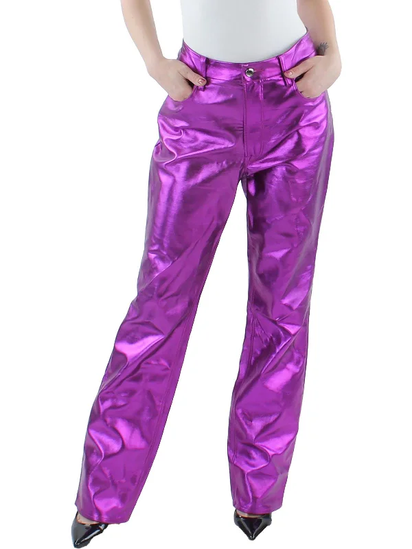 Women's Office Clothing Womens Faux Leather Metallic Straight Leg Pants