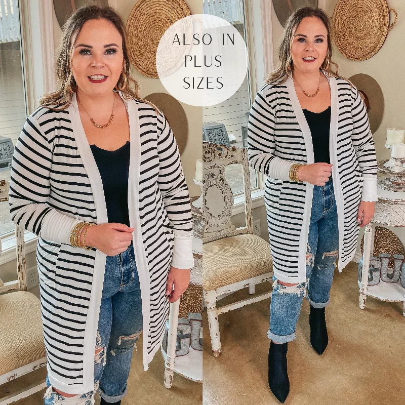 Extreme Clearance Deals On the Scene Long Sleeve Striped Open Front Cardigan in Ivory