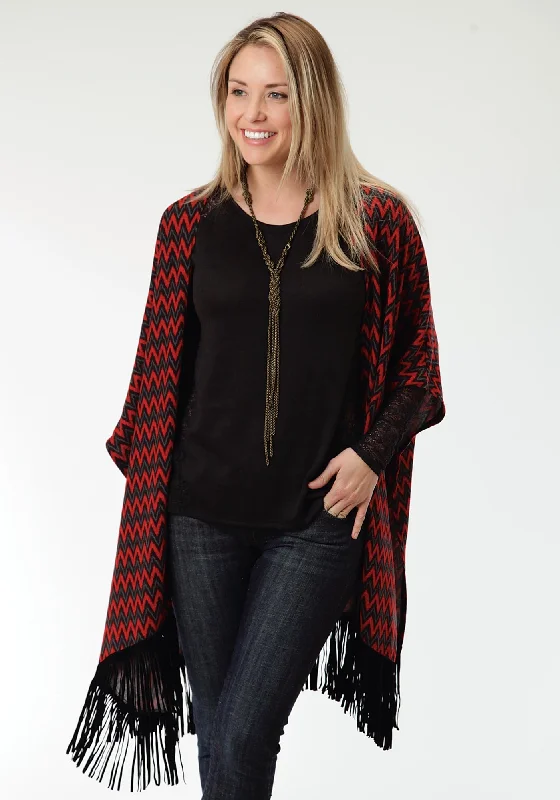 Women's Outerwear Clothing Roper Black Chevron Ladies Red Polyester Poncho Sweater