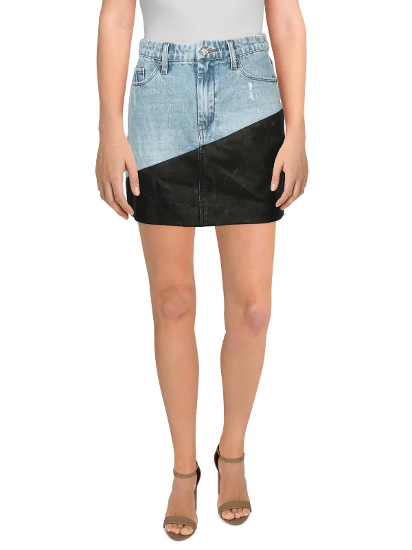 Women's Tailored Outfit Womens Denim Faux Leather Trim Mini Skirt