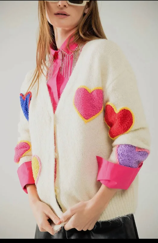 Contemporary Women's Clothing Cardigan With Embroidered Heart In Beige