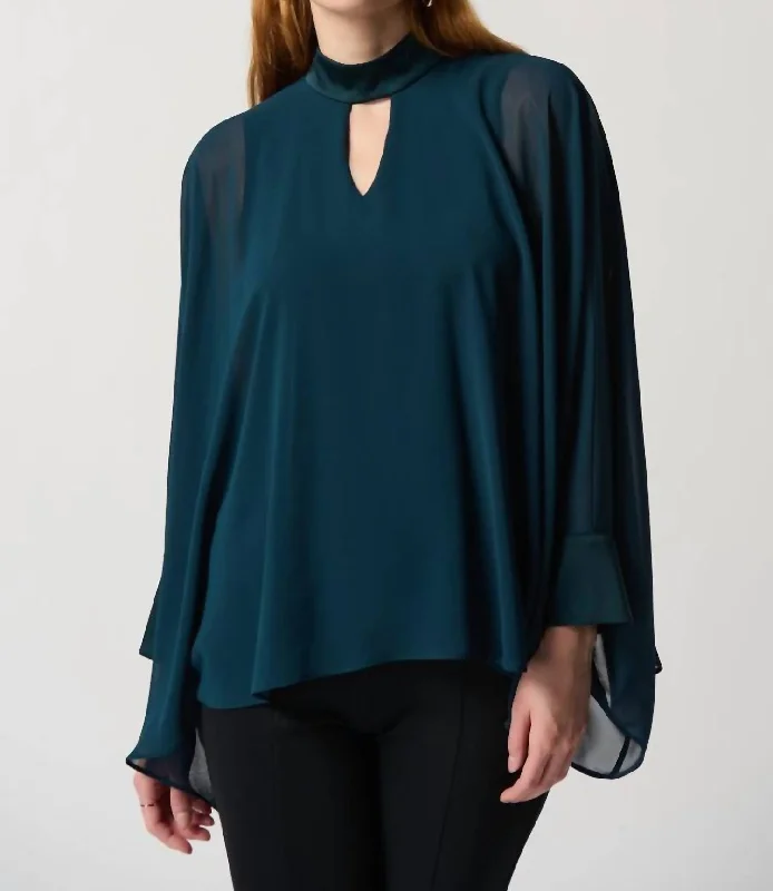 Affordable Fashion for Women Chiffon Poncho Top With Mock Neck Collar In Alpine Green