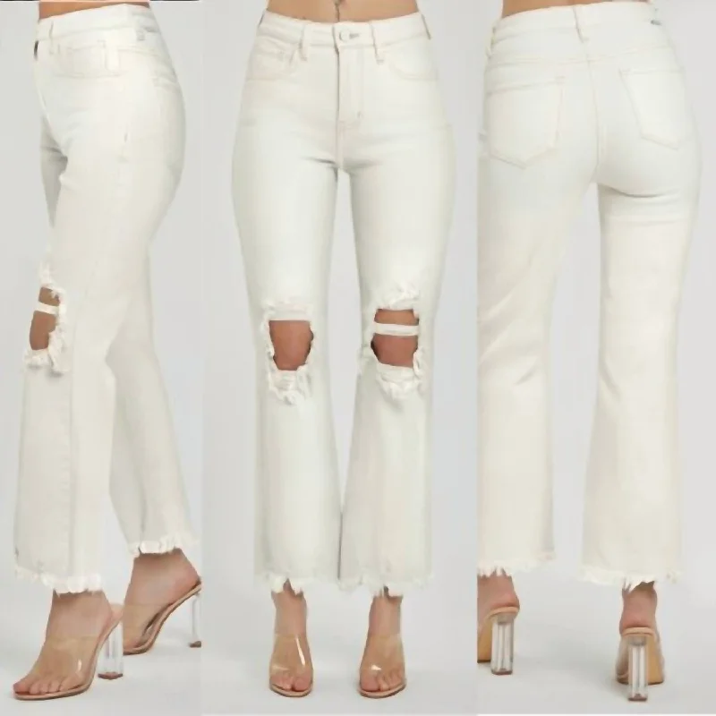 Women's Contemporary Clothing Knee Distressed Straight Leg Hi-Rise Jeans In Cream