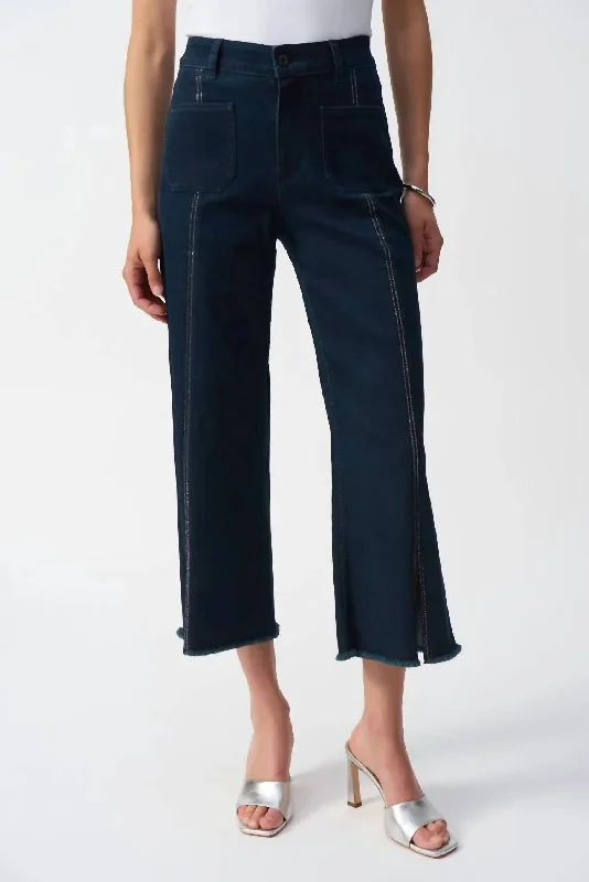 Women's Comfortable Clothes For Weekends Culotte Jeans With Embellished Front Seam In Dark Denim