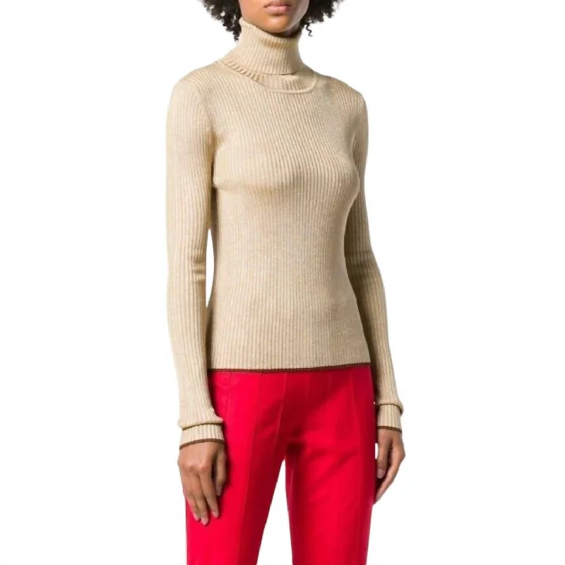 Fashionable Women's Outfit Glitter Turtleneck Knit Sweater In Gold