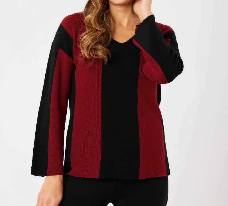 Women's Athletic Garments V-Neck Ribbed Sweater In Black/wine