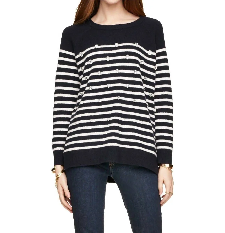 Women's Holiday Outfit Crystal Embellished Stripe Merino Wool Pullover Sweater In Blue