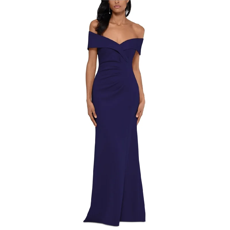 Women's Evening Wear Attire XSCAPE Womens Ruched Gown Off-Shoulder Dress, Blue, 10