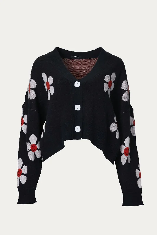 Modern Women's Fashion with Vintage Touches Cropped Retro Floral Cardigan In Black