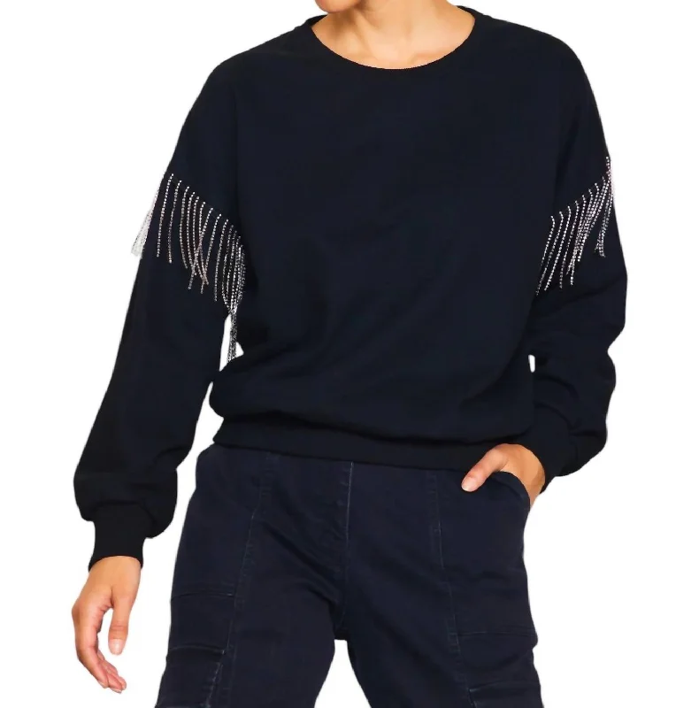 Women's Classic Outfit Rhinestone Fringe Sweater In Black