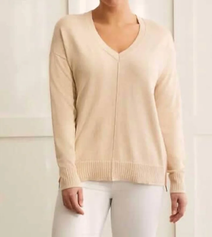 Luxury Women's Fashion Cotton V-Neck Longsleeve Sweater In Heather Nomad