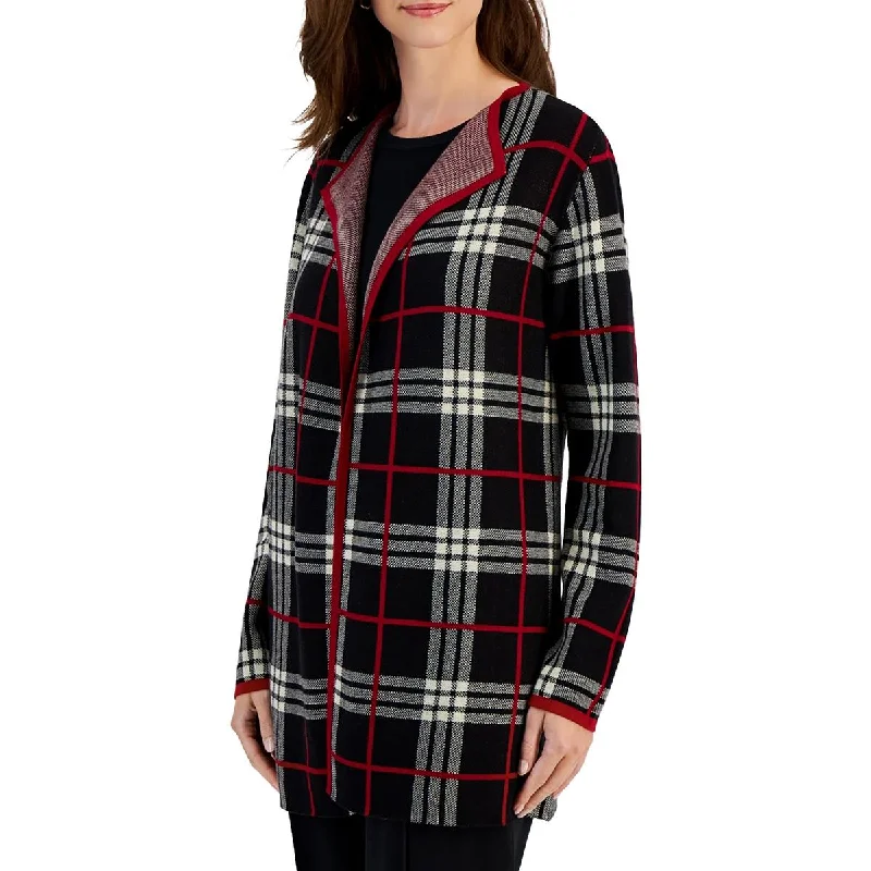 Women's Fashion Clothing Womens Glen Plaid Cotton Stretch Cardigan Sweater