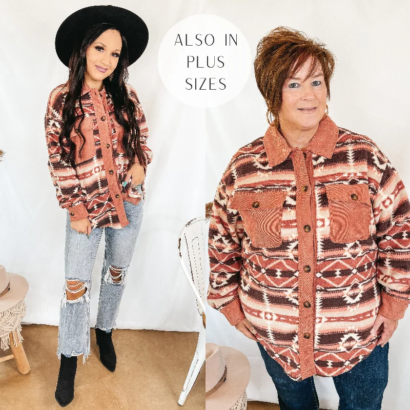 Women's Clothing Boutique Last Chance Size 2XL & 3XL | Hollywood Hike Aztec Print Button Up Fleece Jacket with Pockets in Dusty Rose Pink