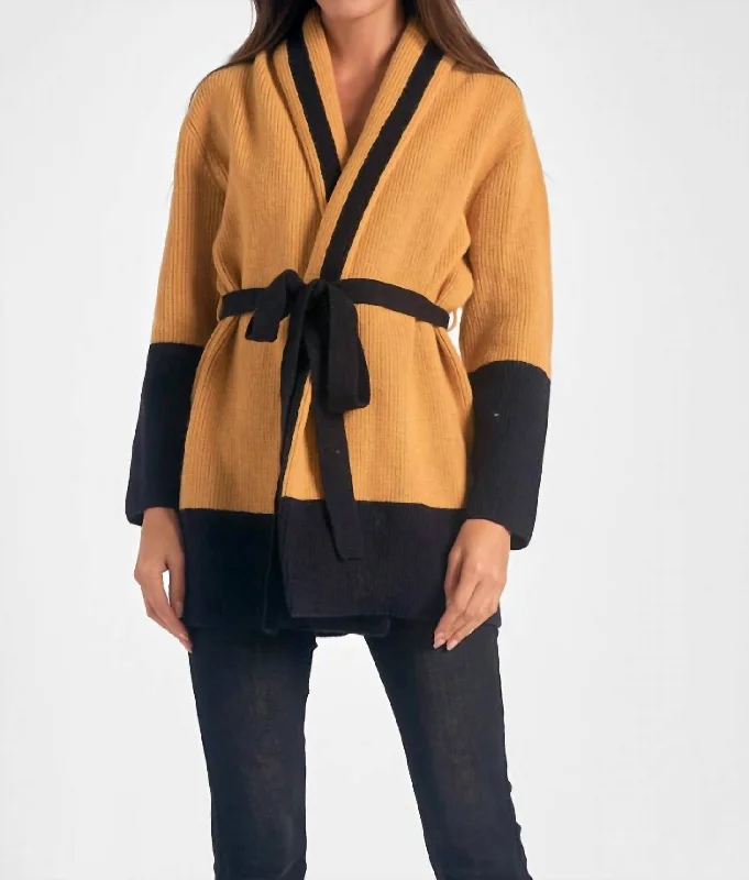 Women's Fashion Essentials Belted Color Block Cardigan In Curry/black