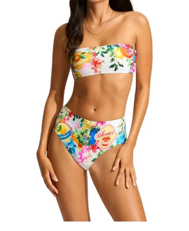 Women's Night-Out Clothes High Waisted Bandeau Postcard Print Bikini In White Multi